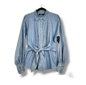 Ralph Lauren black label tie front button-down blouse. Size XXL in blue